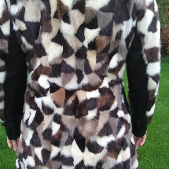 RARE Vintage 70's MINK Patchwork Leather Belted Jacket fits size S to M (6 to 8) - Picture 3 of 5